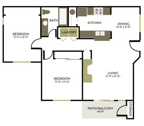 Floor plan for 2 beds, 1 bath, 880 sqft